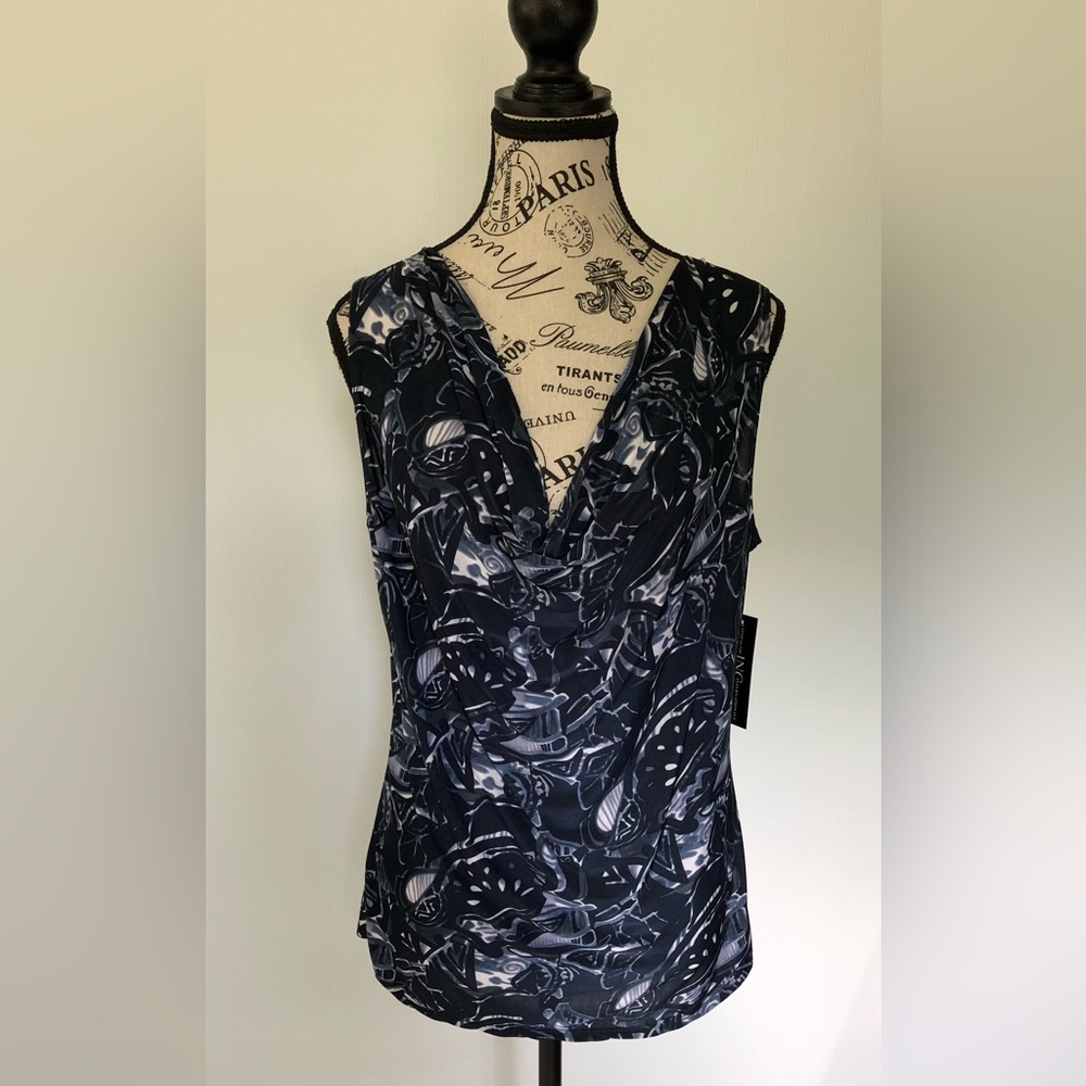 Women’s Sleeveless Blouse Navy & White Cowl Neck Size Large New with Tags